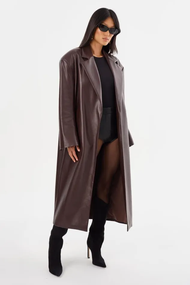 Women JANELLE Recycled Leather Coat Mahogany LAMARQUE Trench Coats Women JANELLE Recycled Leather Coat Mahogany LAMARQUE Trench Coats