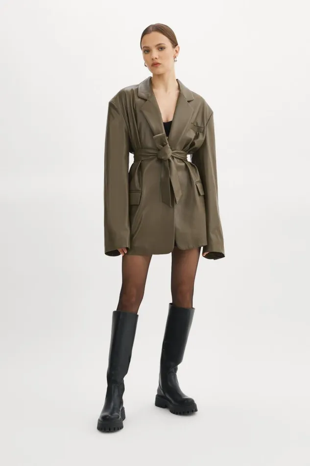 Women Kassandra Faux Leather Oversized Blazer Khaki LAMARQUE Blazers Women Kassandra Faux Leather Oversized Blazer Khaki LAMARQUE Blazers
