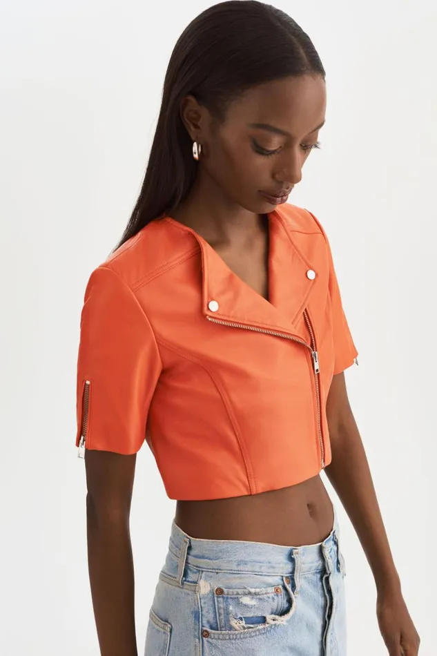 Women KIRSI Cropped Biker Jacket Spicy Orange LAMARQUE Leather Jackets