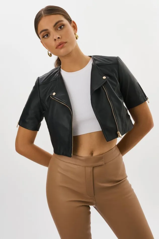 Women KIRSI GOLD Cropped Biker Jacket Black LAMARQUE Short Sleeve Jackets