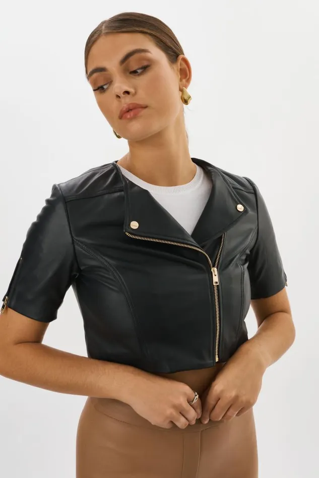 Women KIRSI GOLD Cropped Biker Jacket Black LAMARQUE Short Sleeve Jackets Women KIRSI GOLD Cropped Biker Jacket Black LAMARQUE Short Sleeve Jackets