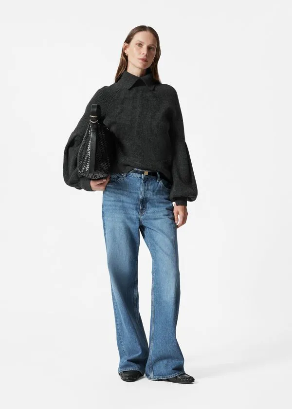 Women Knitwear and Other Stories Collared PuffSleeve Jumper Black