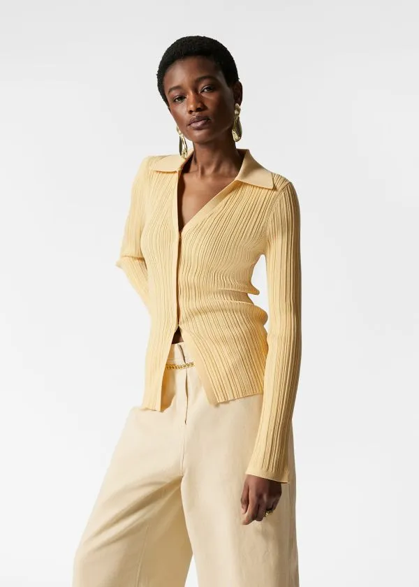 Women Knitwear and Other Stories Collared RibKnit Cardigan Yellow