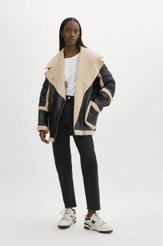 Women LISA Oversized Mixed Media Cocoon Jacket Blackecru LAMARQUE Puffers Women LISA Oversized Mixed Media Cocoon Jacket Blackecru LAMARQUE Puffers