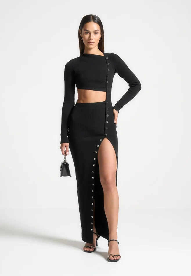 Women Manire De Voir Asymmetric Button Up Cut Out Maxi Dress Black