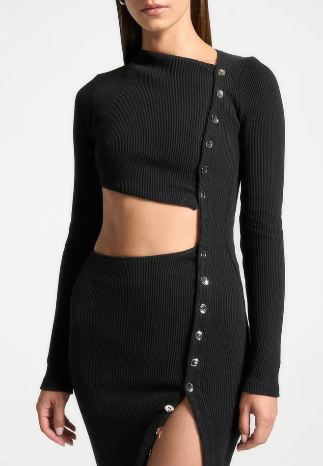 Women Manire De Voir Asymmetric Button Up Cut Out Maxi Dress Black