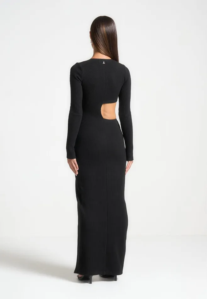 Women Manire De Voir Asymmetric Button Up Cut Out Maxi Dress Black