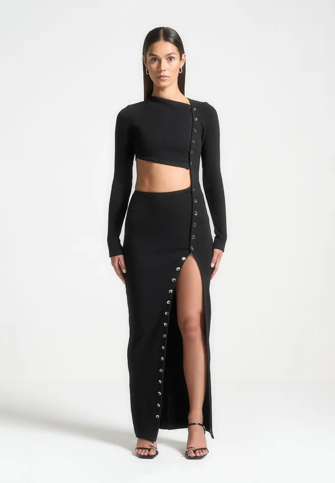 Women Manire De Voir Asymmetric Button Up Cut Out Maxi Dress Black