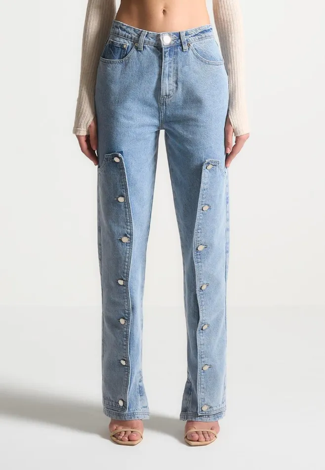 Women Manire De Voir Button Down Overlay Mom Jeans Mid Blue