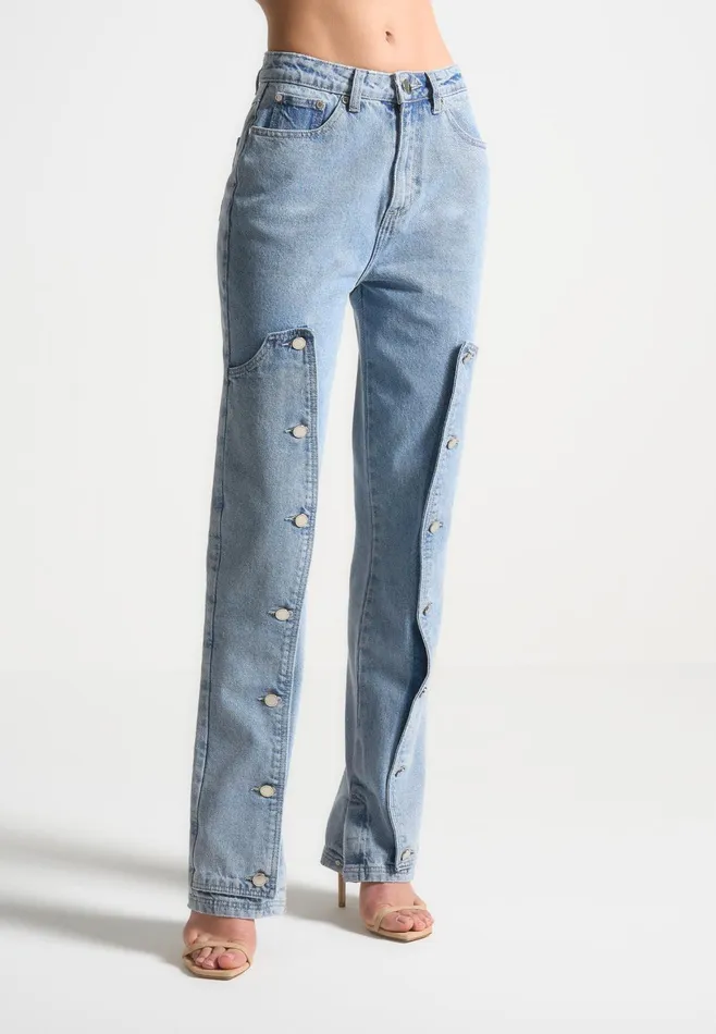 Women Manire De Voir Button Down Overlay Mom Jeans Mid Blue