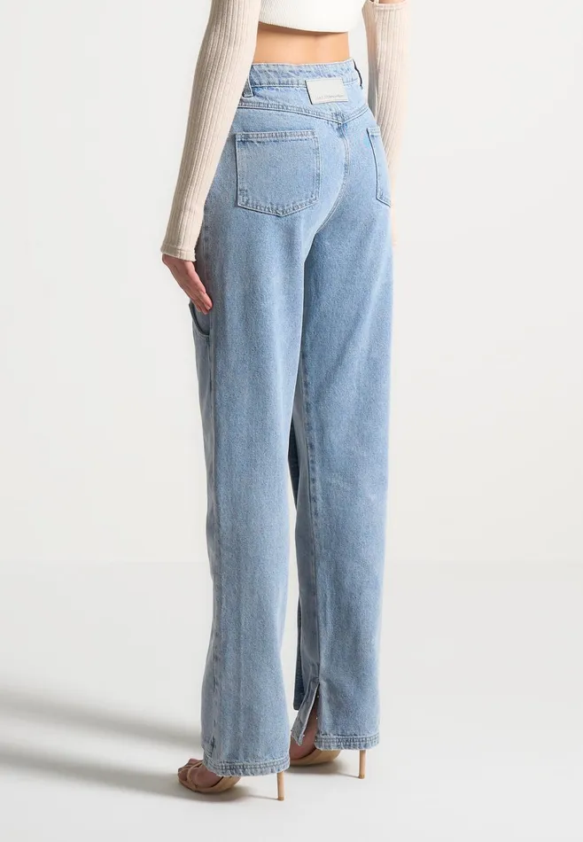 Women Manire De Voir Button Down Overlay Mom Jeans Mid Blue