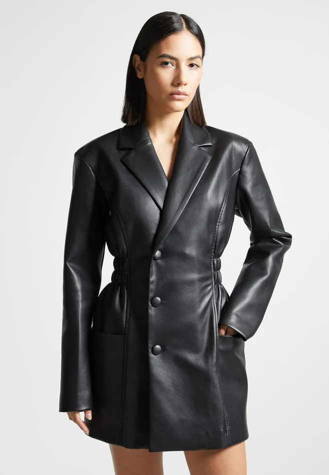 Women Manire De Voir Double Breasted Leather Blazer Dress Black