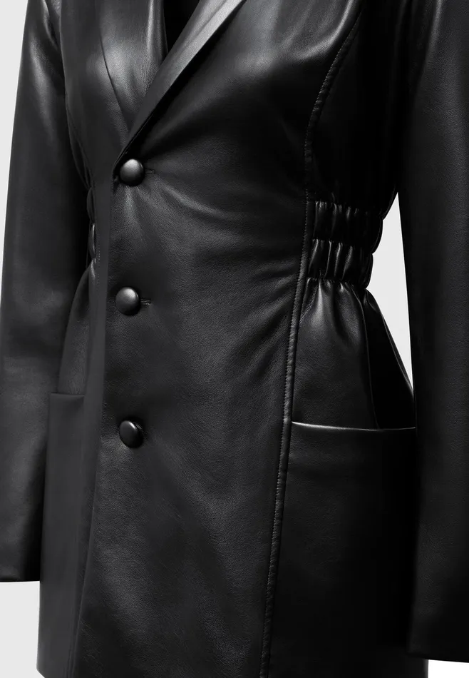 Women Manire De Voir Double Breasted Leather Blazer Dress Black