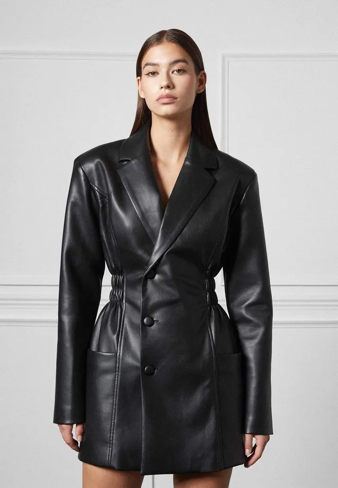 Women Manire De Voir Double Breasted Leather Blazer Dress Black