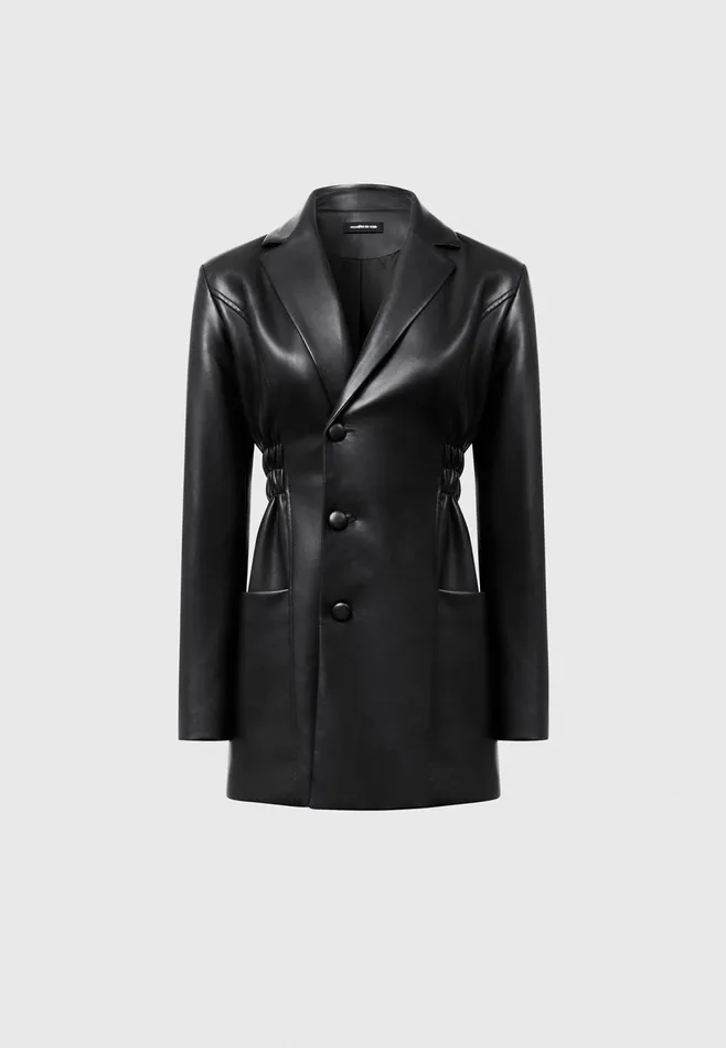 Women Manire De Voir Double Breasted Leather Blazer Dress Black