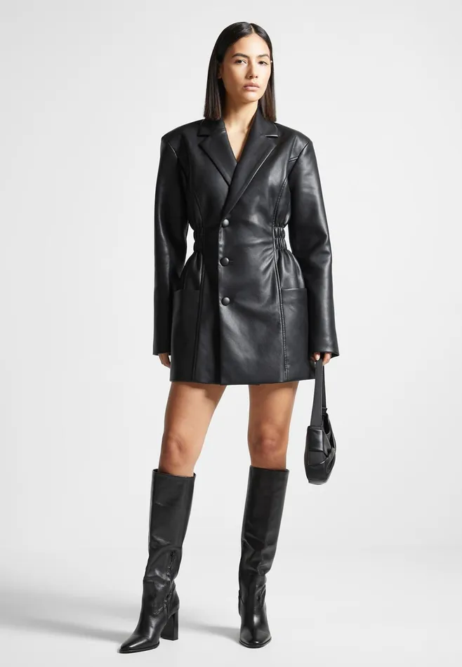 Women Manire De Voir Double Breasted Leather Blazer Dress Black