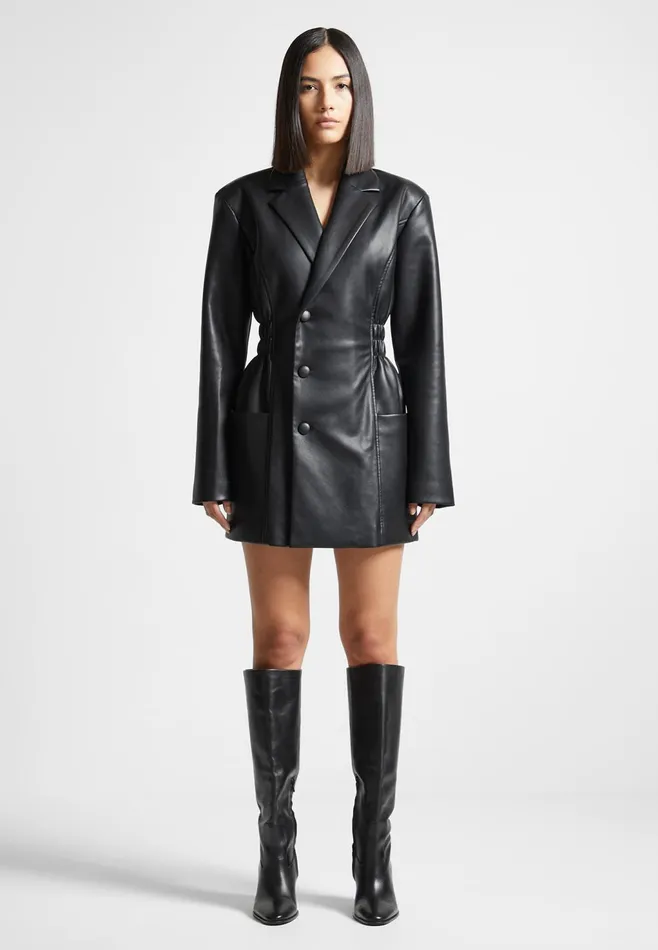Women Manire De Voir Double Breasted Leather Blazer Dress Black
