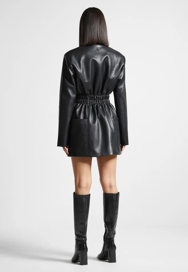 Women Manire De Voir Double Breasted Leather Blazer Dress Black