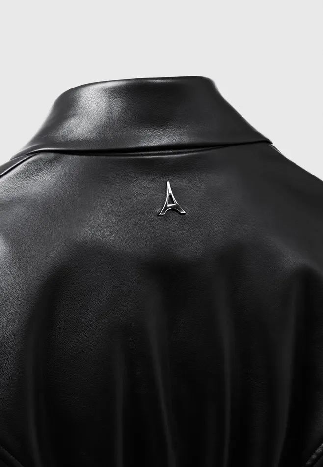 Women Manire De Voir Double Breasted Leather Blazer Dress Black