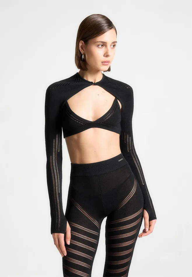 Women Manire De Voir Knitted Sleeve Overlay With Bralette Black