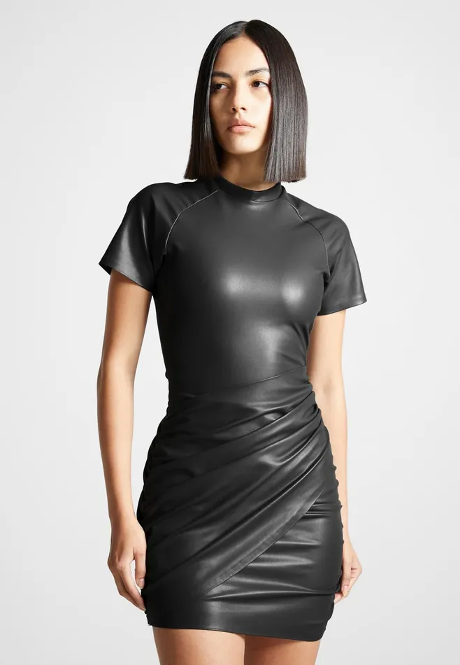 Women Manire De Voir Leather Gathered Dress Black