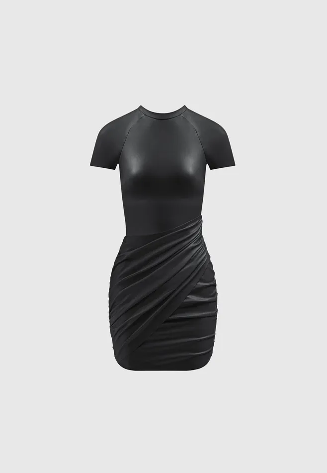 Women Manire De Voir Leather Gathered Dress Black