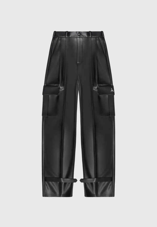 Women Manire De Voir Leather Pleated Cargo Trousers Black