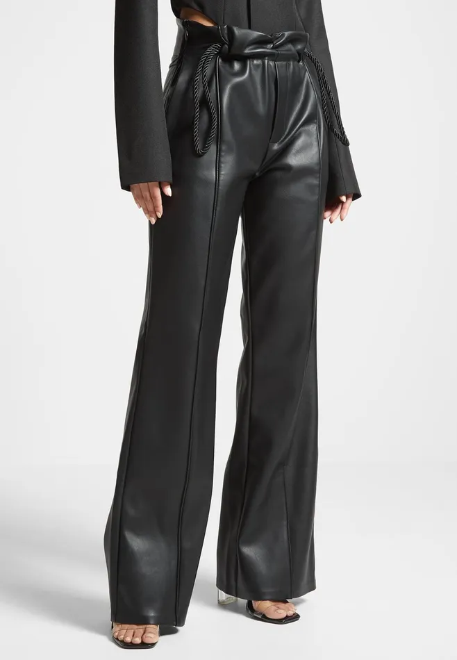Women Manire De Voir Leather Rope Tie Trousers Black