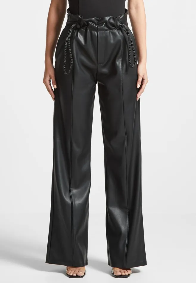Women Manire De Voir Leather Rope Tie Trousers Black