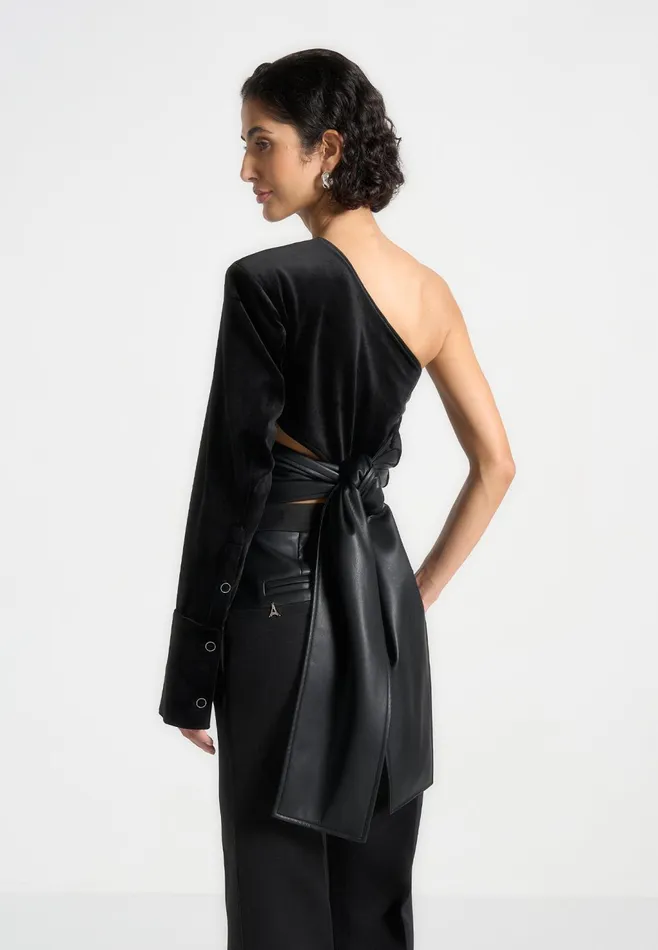 Women Manire De Voir One Sleeve Velour Wrap Top Black