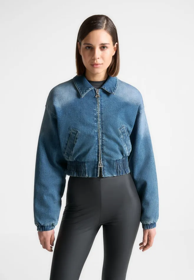 Women Manire De Voir Padded Cropped Denim Bomber Jacket Mid Blue