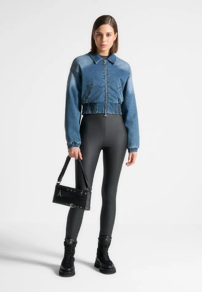 Women Manire De Voir Padded Cropped Denim Bomber Jacket Mid Blue