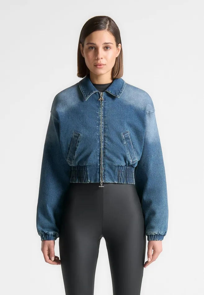 Women Manire De Voir Padded Cropped Denim Bomber Jacket Mid Blue
