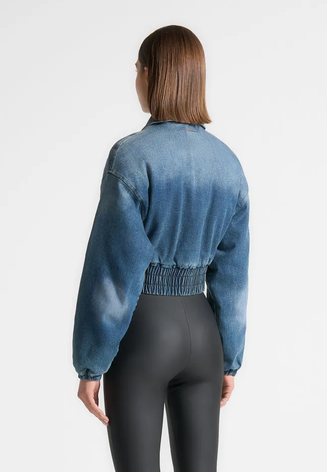 Women Manire De Voir Padded Cropped Denim Bomber Jacket Mid Blue