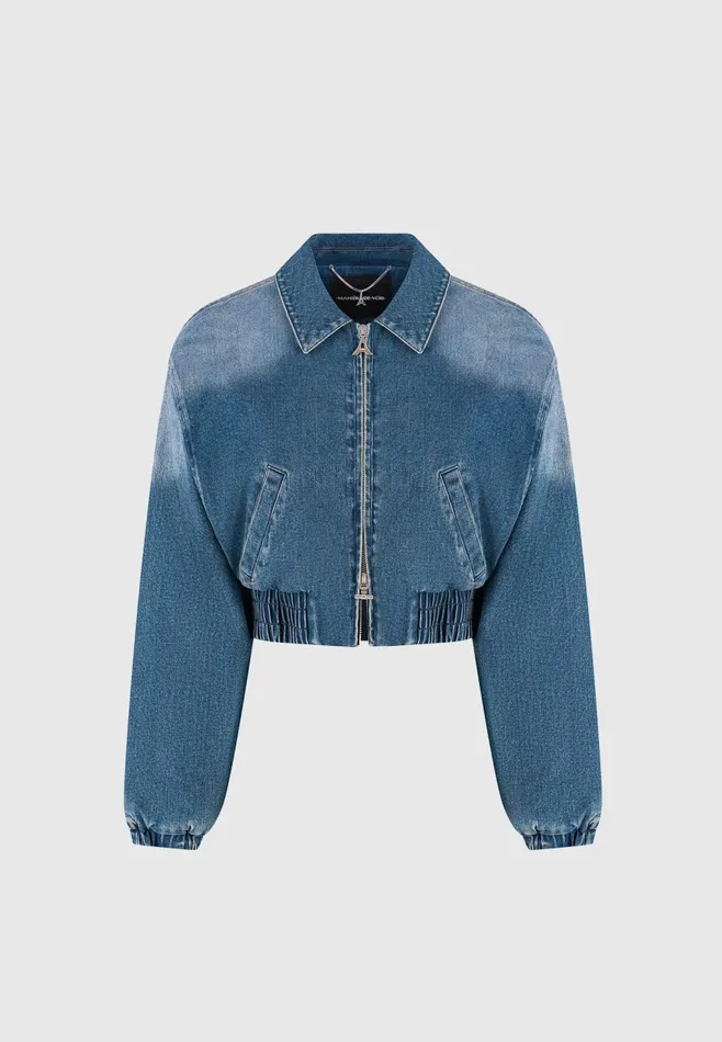 Women Manire De Voir Padded Cropped Denim Bomber Jacket Mid Blue