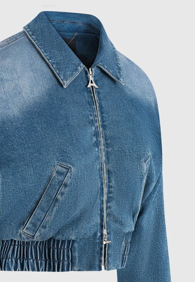 Women Manire De Voir Padded Cropped Denim Bomber Jacket Mid Blue