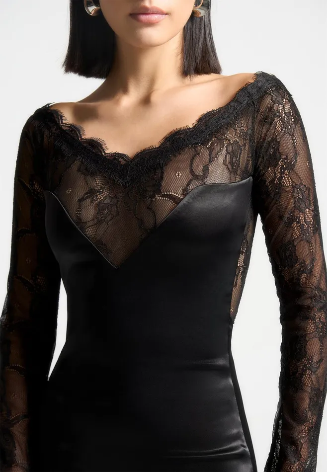 Women Manire De Voir Satin And Lace Mini Dress Black