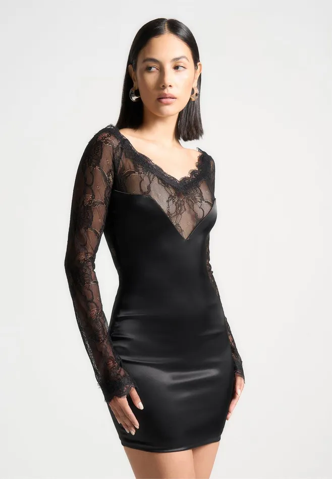 Women Manire De Voir Satin And Lace Mini Dress Black
