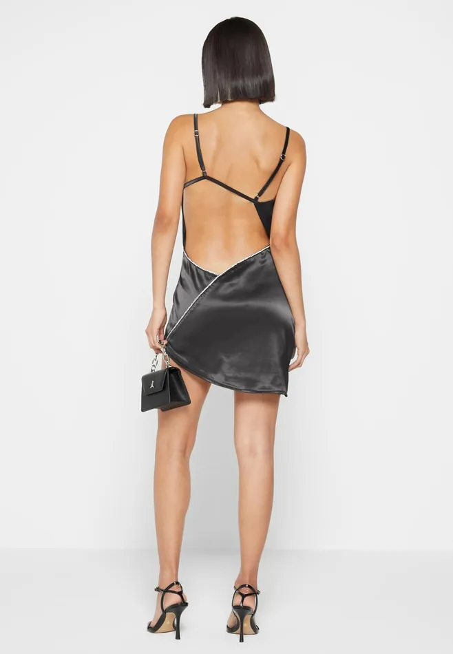 Women Manire De Voir Satin Embellished Open Back Mini Dress Black