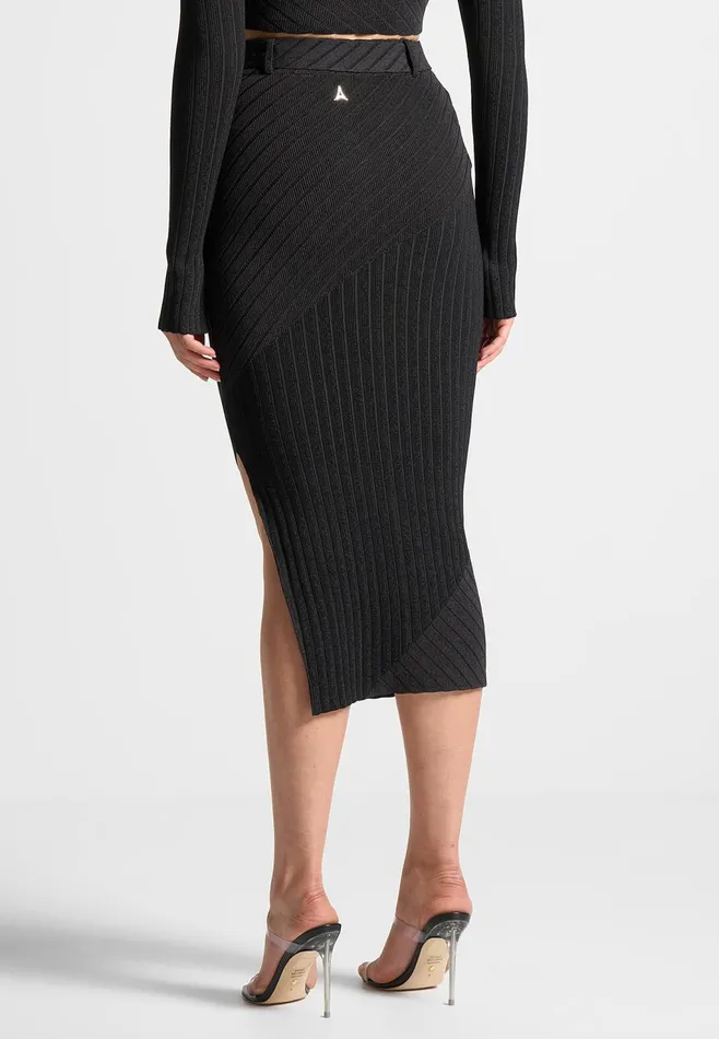 Women Manire De Voir TwoTone Ribbed Knit Midi Skirt With Belt Blackgrey