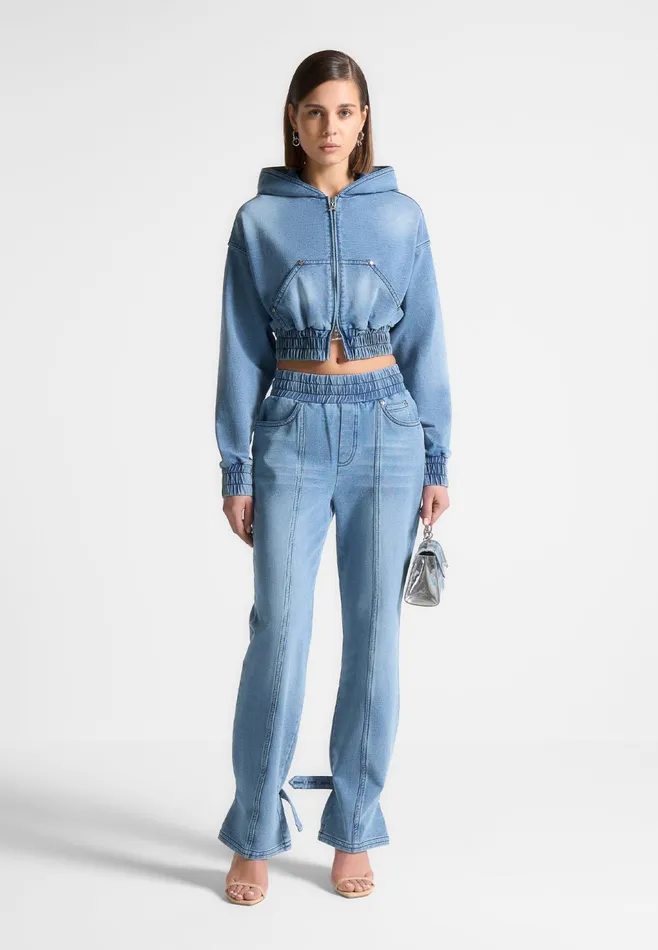 Women Manire De Voir Washed Denim Jersey Joggers Mid Blue