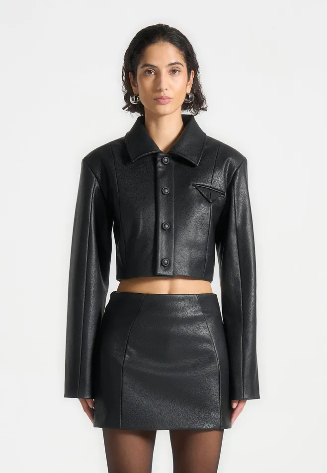 Women Manire De Voir Wide Shoulder Pebbled Leather Jacket Black