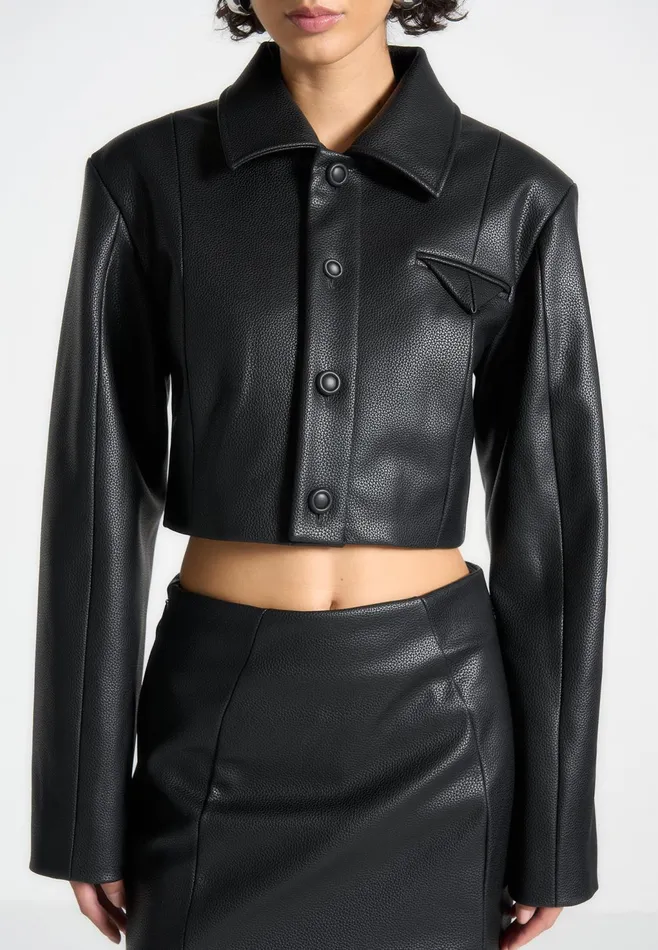 Women Manire De Voir Wide Shoulder Pebbled Leather Jacket Black