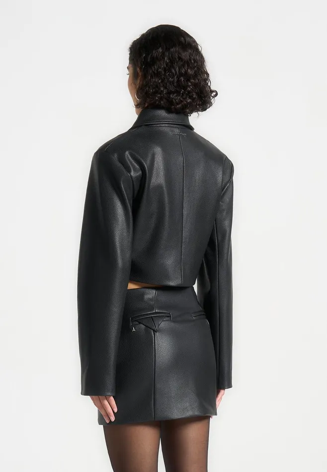Women Manire De Voir Wide Shoulder Pebbled Leather Jacket Black