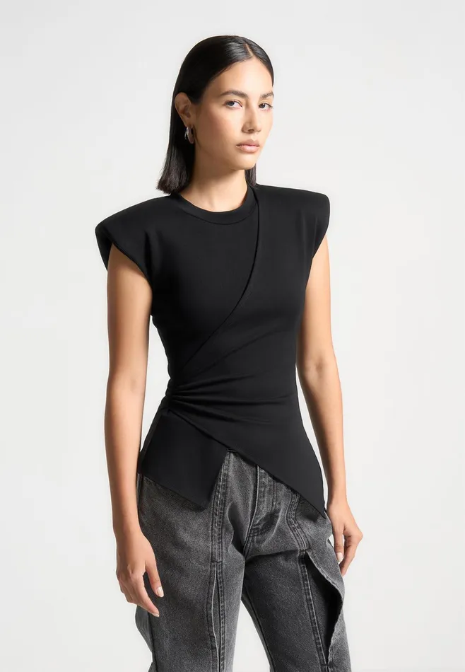Women Manire De Voir Wide Shoulder Ruched Waist Top Black