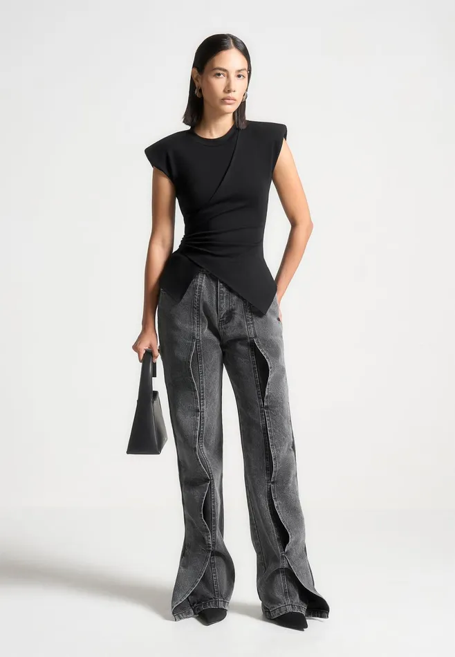 Women Manire De Voir Wide Shoulder Ruched Waist Top Black