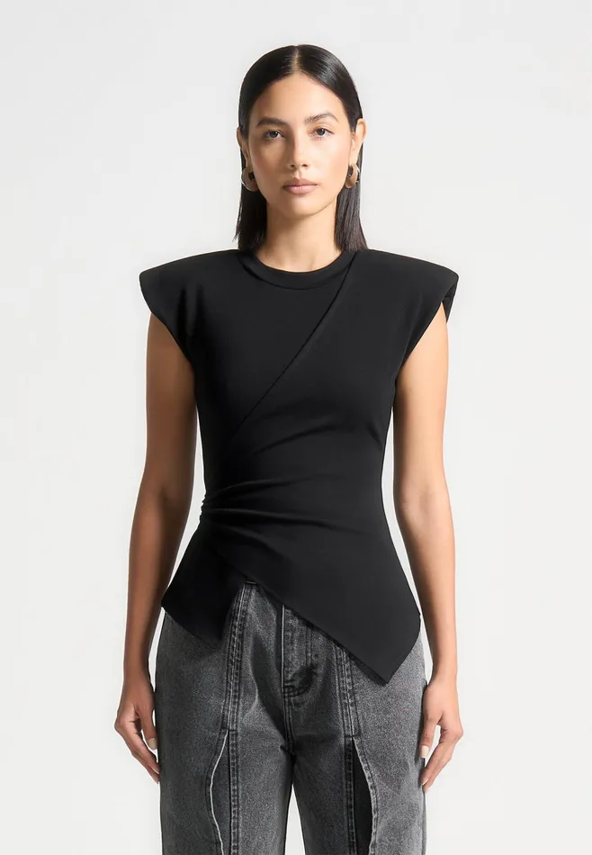 Women Manire De Voir Wide Shoulder Ruched Waist Top Black