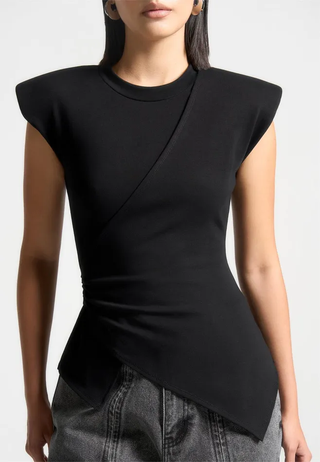 Women Manire De Voir Wide Shoulder Ruched Waist Top Black