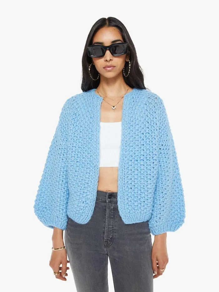 Women Mother Denim Alpaca Pearl Pattern Bomber Cardigan Alaskan Blue