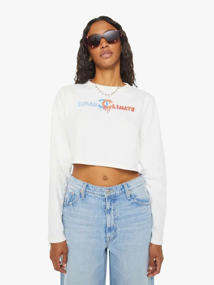 Women Mother Denim Climate Change Long Sleeve Crop Tee White